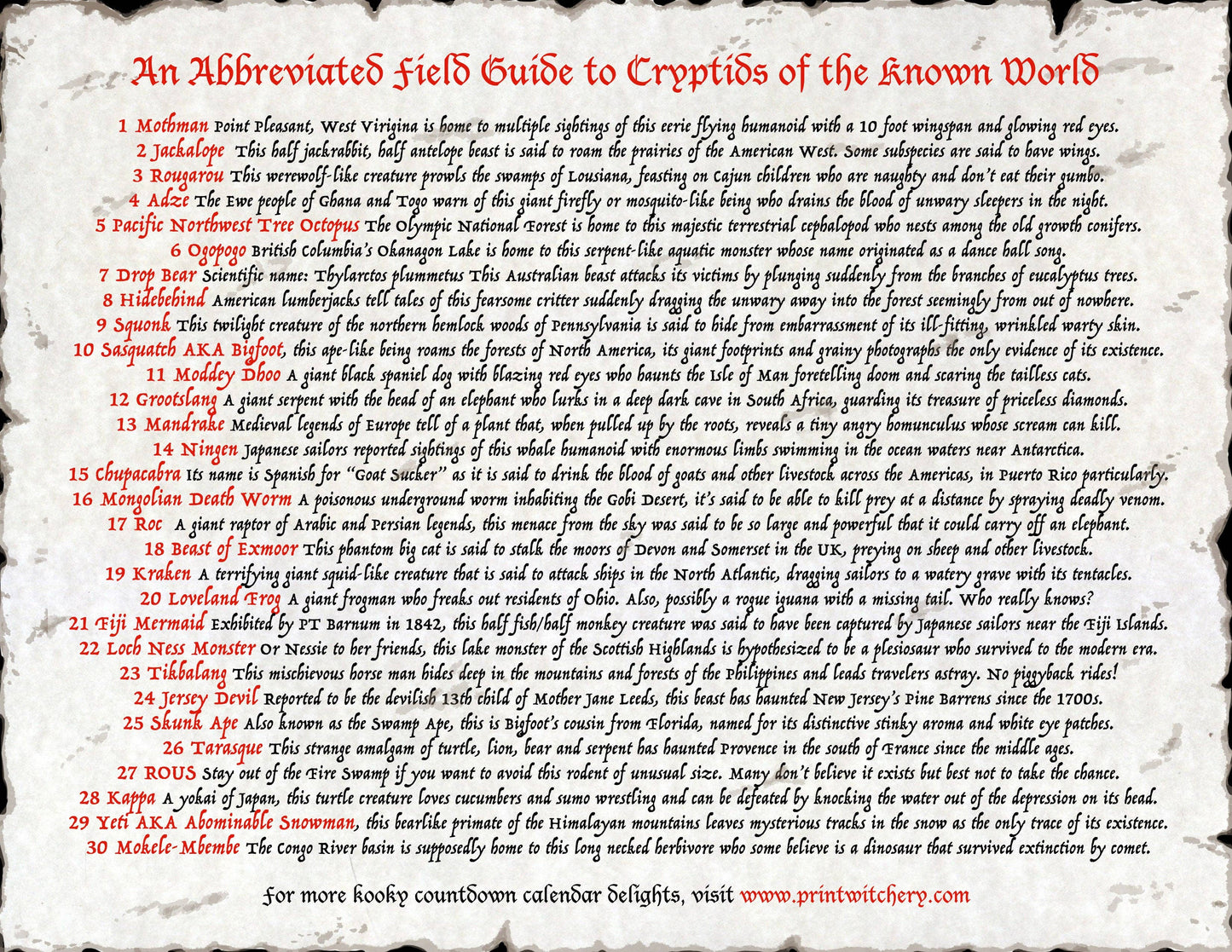 Cryptids and Creatures Countdown Calendar